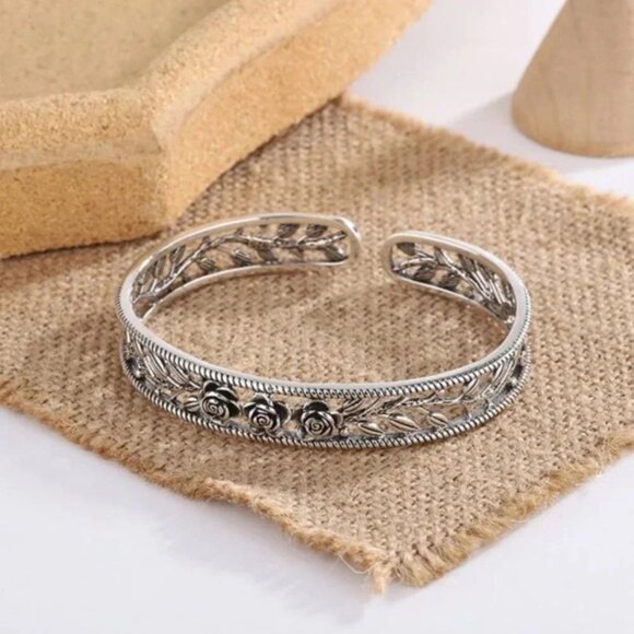 925 Sterling SIlver Rose Bangle Bracelet Rose Flower Engraved Bracelet - Picture 4 of 8